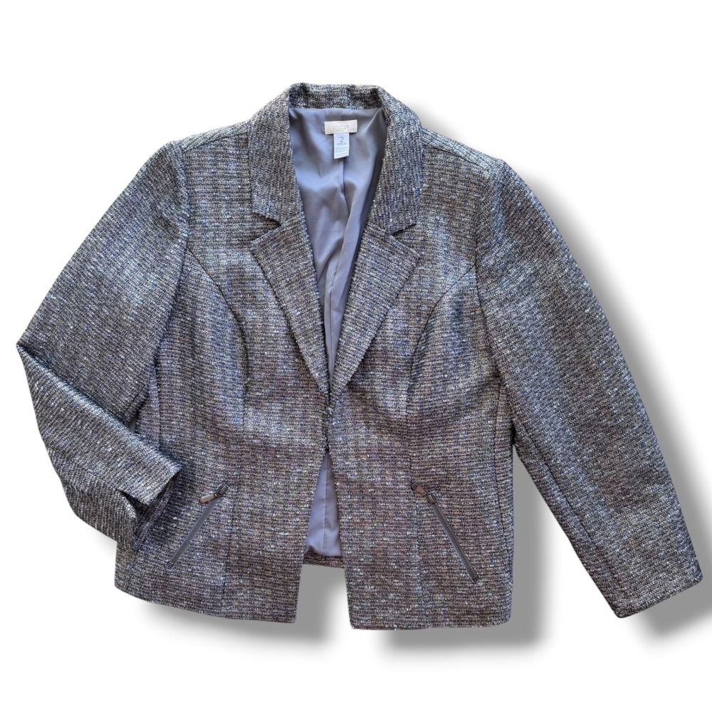 Chicos 2 Women's L Blue Silver Metallic Textured Tweed Blazer Jacket Preppy Glam